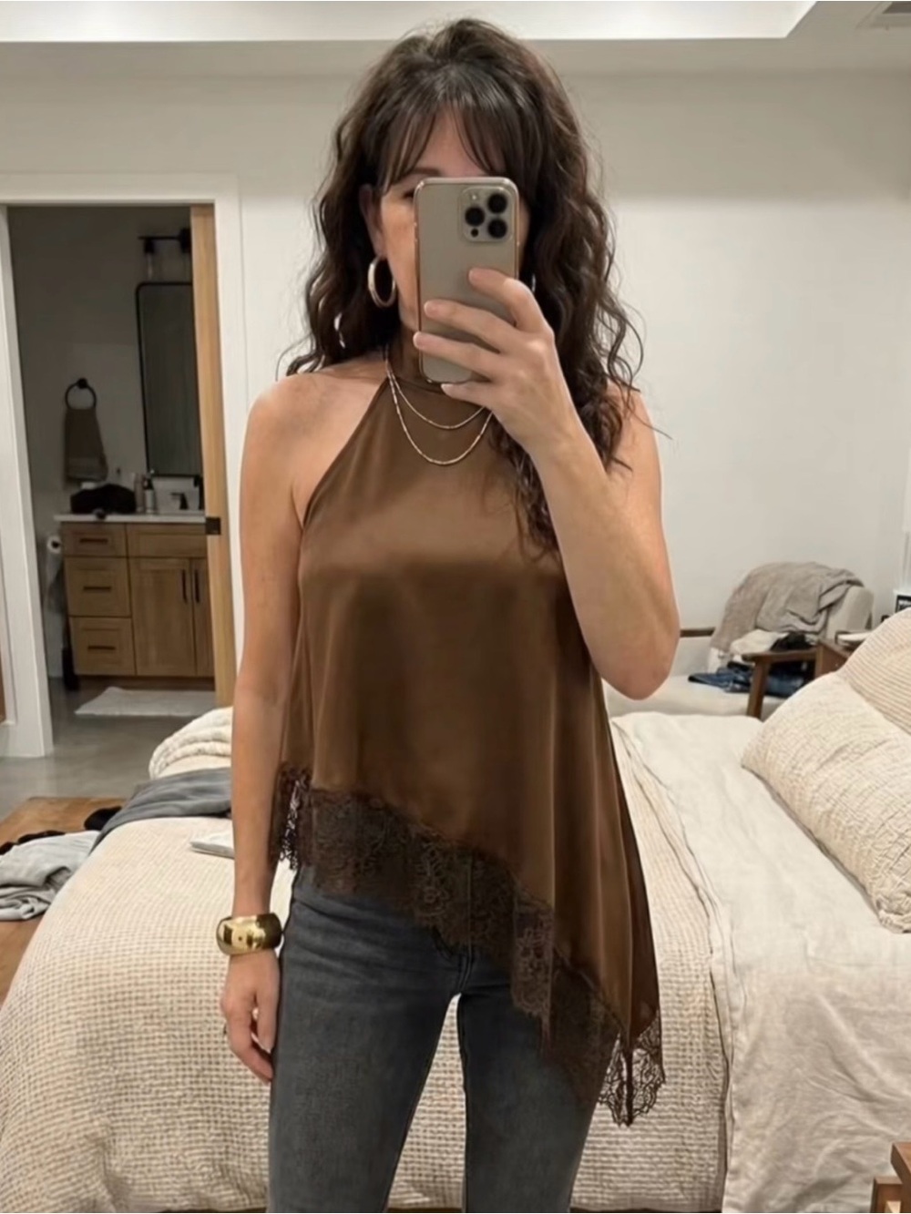 Women’s Brown Satin Halter Tank with Lace Trim XL